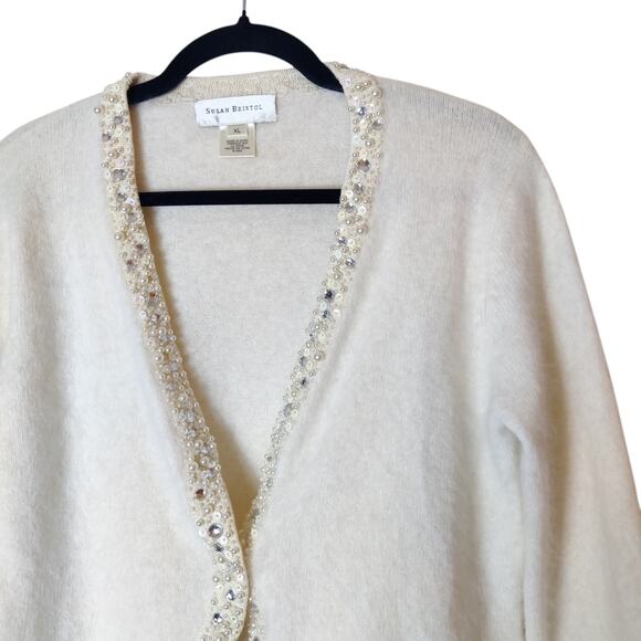Vtg Susan Bristol Cream Angora Hair Jeweled Preppy Cardigan Sweater Old Money XL - Picture 3 of 12